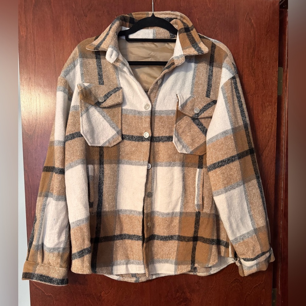 Plaid Tan and White Women's Flannel Shirt/Jacket